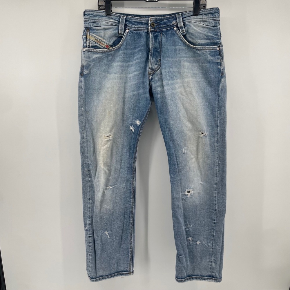 Diesel Slammer Jeans Mens 34x30 Blue Distressed Straight Leg Zipper Back Pockets